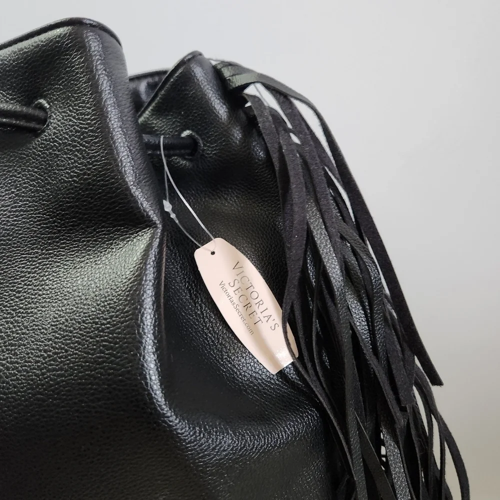 Victoria's Secret VS Black Faux Leather Western Boho Fringe Backpack NWT - Picture 15 of 16